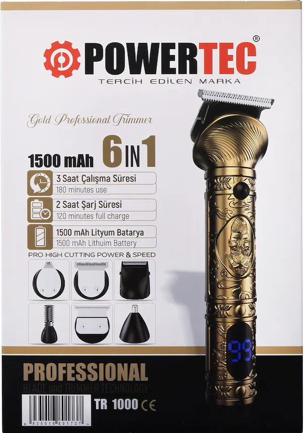 Powertec TR-1000 Tıraş Makinesi 6in1 Saç Sakal Vücut Kulak Burun Erkek Bakım Kiti